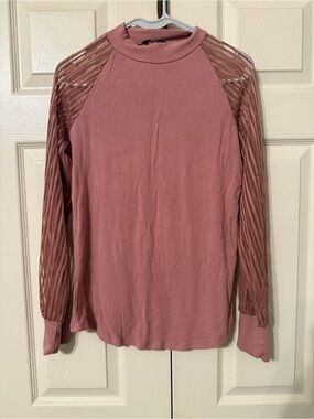 Ribbed Long Sleeve Top with Lace-Detail Sleeves - Dusty Rose